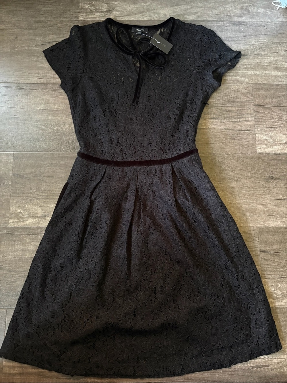 NWT Rw&Co Black Lace Fit-and-Flare Dress with Velvet Trim and Pockets